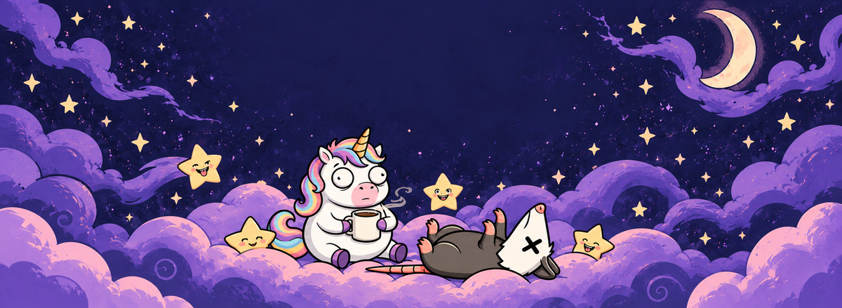 A tired unicorn with coffee and a resting opossum among purple clouds under a starry night sky
